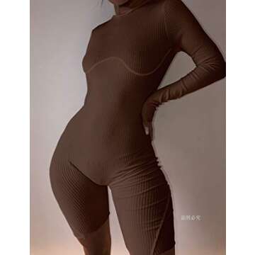 XLLAIS Women Sexy High Neck Long Sleeve Bodycon Shorts Jumpsuit Rib Outfits (Brown, Large)