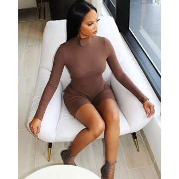 XLLAIS Women Sexy High Neck Long Sleeve Bodycon Shorts Jumpsuit Rib Outfits (Brown, Large)
