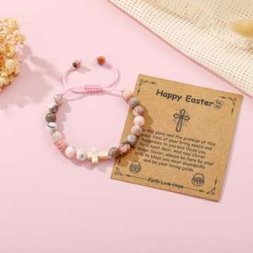 VULETO Easter Basket Stuffers Gifts for Girls - Natural Beads Charm Cross Bracelet for Tweens