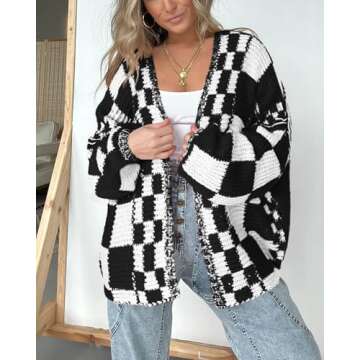 BTFBM Casual Womens Open Front Long Sleeve Chunky Knit Cardigan Sweater - Checkered Knit (Black, X-L...