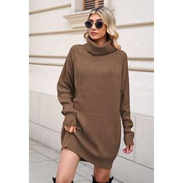 Pink Queen Women's Cowl Neck Sweater Dresses Oversized Loose Tunic Baggy Knit Mini Dress Chestnut L