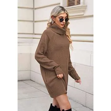 Pink Queen Women's Cowl Neck Sweater Dresses Oversized Loose Tunic Baggy Knit Mini Dress Chestnut L