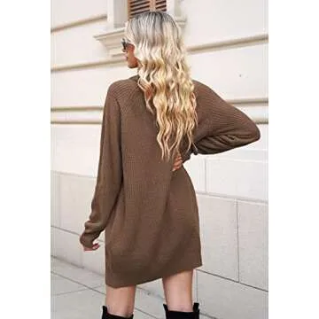 Pink Queen Women's Cowl Neck Sweater Dresses Oversized Loose Tunic Baggy Knit Mini Dress Chestnut L