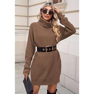 Pink Queen Women's Cowl Neck Sweater Dresses Oversized Loose Tunic Baggy Knit Mini Dress Chestnut L