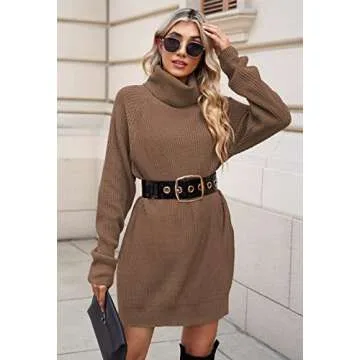 Pink Queen Women's Cowl Neck Sweater Dresses Oversized Loose Tunic Baggy Knit Mini Dress Chestnut L