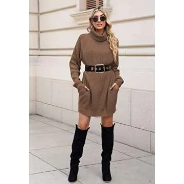 Pink Queen Women's Cowl Neck Sweater Dresses Oversized Loose Tunic Baggy Knit Mini Dress Chestnut L