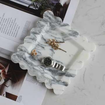 Natural Luxury Marble Tray with Scalloped Edge, Handmade Square Decorative Tray, Catch All Tray for ...