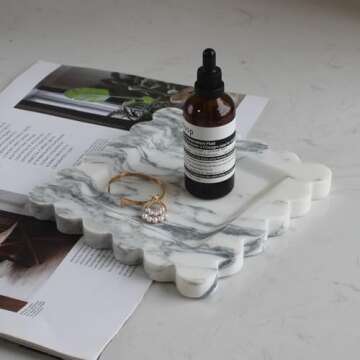 Natural Luxury Marble Tray with Scalloped Edge, Handmade Square Decorative Tray, Catch All Tray for Counter, Dresser, Nightstand and Home Décor - Arabescato Calacatta