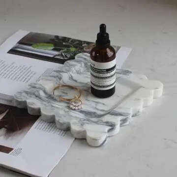 Natural Luxury Marble Tray with Scalloped Edge, Handmade Square Decorative Tray, Catch All Tray for Counter, Dresser, Nightstand and Home Décor - Arabescato Calacatta