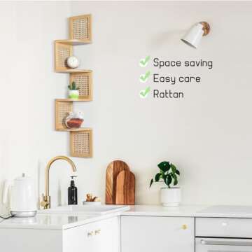 FamilleElement Bamboo 4-Tier Corner Shelf Natural Rattan Floating Corner Shelves Wall Mount Shelves for Living Rooms, Bedroom, Office (02-Bamboo)