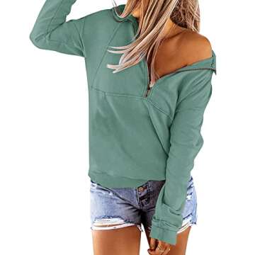 Floral Find Women's Long Sleeve Lapel Half Zip Up Sweatshirt Solid Stylish Loose Fit Casual Pullover Tops (Sage, X-Large)