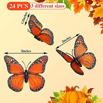 Waydress 24 Pieces Halloween Monarch Butterfly Decorations 3 Size Artificial Monarch Butterflies Wall Decor 3D Butterfly Wing Wall Art with Wire for Fall Wedding Home Bedroom Decorations(Orange)