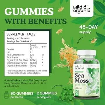 Wild & Organic Irish Sea Moss Gummies 1600 mg - Complex w/Bladderwrack and Burdock Root - Sea Moss Gel Chews for Overall Support - Chondrus Crispus - 90 Vegan, Non-GMO Seamoss Gel Gummies