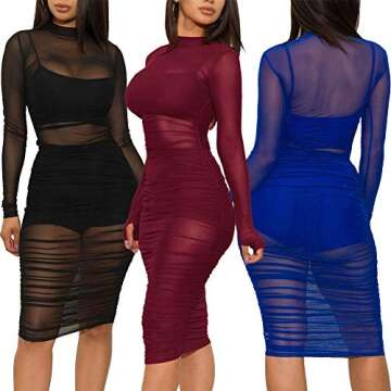 Women's Sexy Mesh See Through Dresses Long Sleeve Midi Bodycon Party Club Dress 3 Piece Outfits with Vest Shorts Black XL