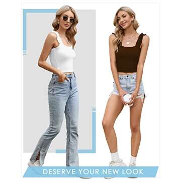 CLOZOZ Crop Tops for Women Ruffle Cropped Tank Tops Cute Summer Ribbed Square Neck Trendy Going Out Preppy Strappy Top