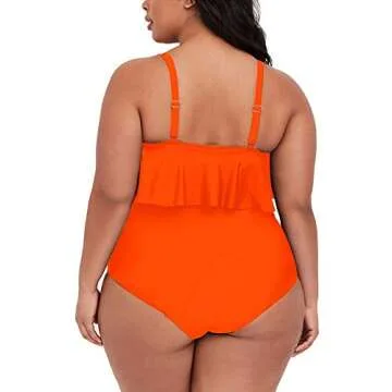 Sovoyontee Women's 2 Piece Plus Size High Waisted Swimsuit Neon Orange 3XL