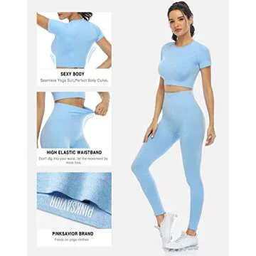 PINKSAVIOR Workout Sets for Women Two Piece Outfits Seamless High Waist Leggings Yoga Crop Tops Athletic Sports Gym Sets(P005S-Light blue