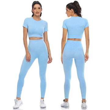 PINKSAVIOR Workout Sets for Women Two Piece Outfits Seamless High Waist Leggings Yoga Crop Tops Athletic Sports Gym Sets(P005S-Light blue
