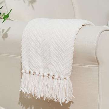 battilo Knit Zig-Zag Textured Woven Throw Blanket, 60" L x 50" W, White
