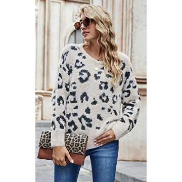 HZSONNE Women's Casual Leopard Crew Neck Loose Fit Sweater Long Sleeve Slouchy Pullover Knitted Fuzz...