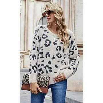 HZSONNE Women's Casual Leopard Crew Neck Loose Fit Sweater Long Sleeve Slouchy Pullover Knitted Fuzz...