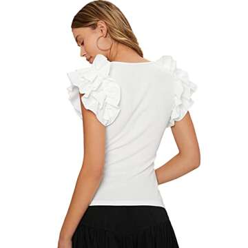 Verdusa Women's Ruffle Trim Layered Butterfly Sleeve Scoop Neck Fitted Tee Top White XS