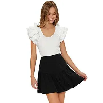 Verdusa Women's Ruffle Trim Layered Butterfly Sleeve Scoop Neck Fitted Tee Top White XS