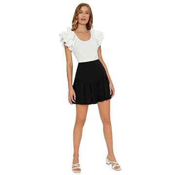 Verdusa Women's Ruffle Trim Layered Butterfly Sleeve Scoop Neck Fitted Tee Top White XS