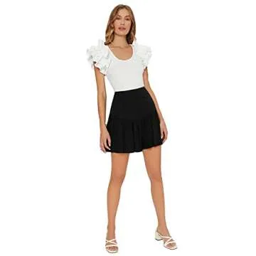 Verdusa Women's Ruffle Trim Layered Butterfly Sleeve Scoop Neck Fitted Tee Top White XS