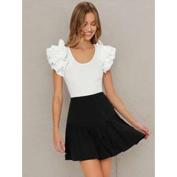 Verdusa Women's Ruffle Trim Layered Butterfly Sleeve Scoop Neck Fitted Tee Top White XS