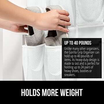 Gorilla Grip Over the Door Shoe Organizer, 2 Pack, 24 Breathable Mesh Pockets, Space Saving Hanging Storage Holder, Closet Rack Hanger Holds Up to 40 lbs, Hangs on Closets, Shoes, Accessories, White