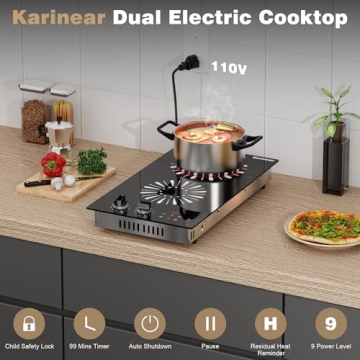 Karinear 110V Electric Cooktop 2 Burners, 12 Inch Electric Stove with Plug in, Countertop & Built-in...