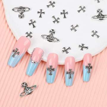 60 Pcs Cross Nail Art Charm Decoration Saturn Shape 3D Silver Metal Cross Nail Charms Punk Vintage Nail Accessories for Women DIY Nail Designs Supplies