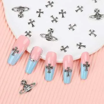 60 Pcs Cross Nail Art Charm Decoration Saturn Shape 3D Silver Metal Cross Nail Charms Punk Vintage Nail Accessories for Women DIY Nail Designs Supplies