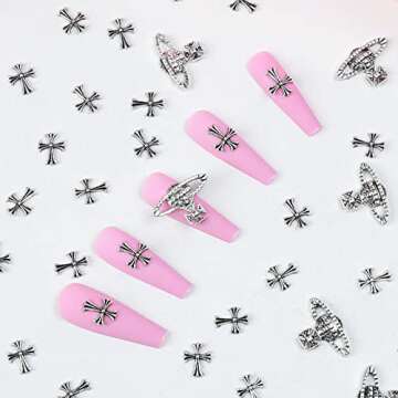 60 Pcs Cross Nail Art Charm Decoration Saturn Shape 3D Silver Metal Cross Nail Charms Punk Vintage Nail Accessories for Women DIY Nail Designs Supplies