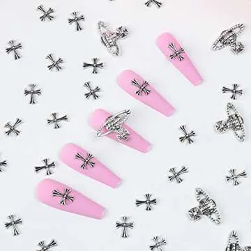 60 Pcs Cross Nail Art Charm Decoration Saturn Shape 3D Silver Metal Cross Nail Charms Punk Vintage Nail Accessories for Women DIY Nail Designs Supplies