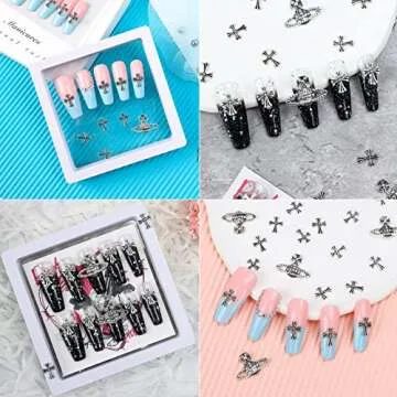 60 Pcs Cross Nail Art Charm Decoration Saturn Shape 3D Silver Metal Cross Nail Charms Punk Vintage Nail Accessories for Women DIY Nail Designs Supplies