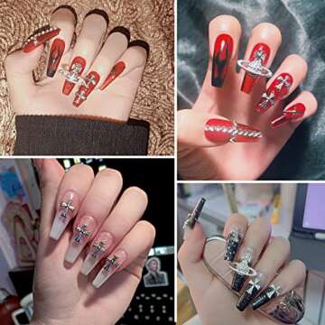 60 Pcs Cross Nail Art Charm Decoration Saturn Shape 3D Silver Metal Cross Nail Charms Punk Vintage Nail Accessories for Women DIY Nail Designs Supplies