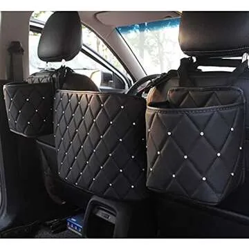 eing Automotive Consoles & Organizers,Pu Leather Diamond Car Purse Holder,Road Trip Essentials Kids Car Stuff Storage Pocket,Car Interior Accessories for Men Gilrs Women,Black