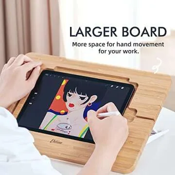 ELETIUO Upgraded Bamboo Wooden Drawing Ipad Holder with Pencil&Charger Cable Slot, Multi-Angle Adjustable Tablet Desktop,Foldable Portable Stand,Compatible with 12.9 inch ipad pro 3rd/4th/ 5th Gen