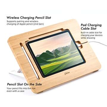 ELETIUO Upgraded Bamboo Wooden Drawing Ipad Holder with Pencil&Charger Cable Slot, Multi-Angle Adjustable Tablet Desktop,Foldable Portable Stand,Compatible with 12.9 inch ipad pro 3rd/4th/ 5th Gen