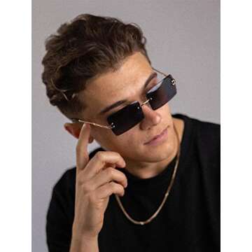 PORADAY Rectangle Sunglasses for Women Men Vintage Rimless Square Sun Glasses Candy Color (Black)