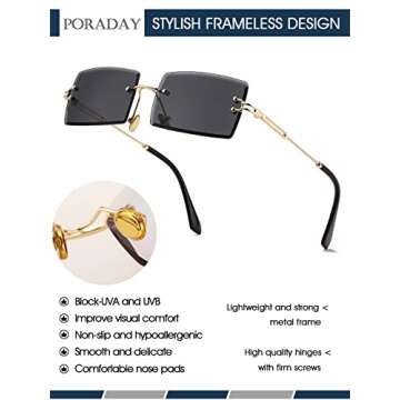 PORADAY Rectangle Sunglasses for Women Men Vintage Rimless Square Sun Glasses Candy Color (Black)