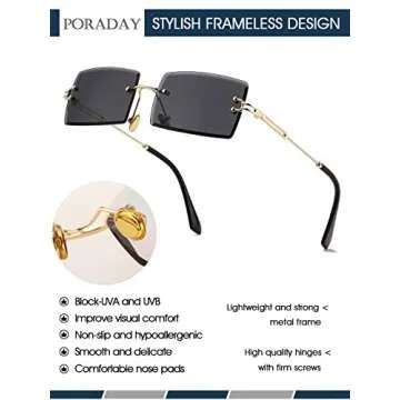 PORADAY Rectangle Sunglasses for Women Men Vintage Rimless Square Sun Glasses Candy Color (Black)