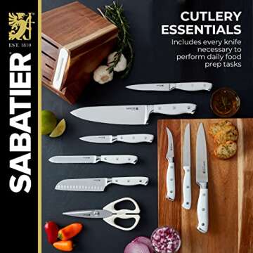 Sabatier 15-Piece Forged Triple Rivet Knife Block Set with Built-in Sharpener, High-Carbon Stainless Steel Kitchen Knives, Razor-Sharp Knife set with Acacia Block and Edgekeeper Technology, White