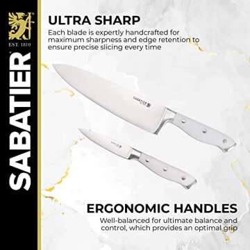 Sabatier 15-Piece Forged Triple Rivet Knife Block Set with Built-in Sharpener, High-Carbon Stainless Steel Kitchen Knives, Razor-Sharp Knife set with Acacia Block and Edgekeeper Technology, White