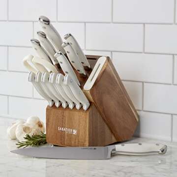 Sabatier 15-Piece Forged Triple Rivet Knife Block Set with Built-in Sharpener, High-Carbon Stainless Steel Kitchen Knives, Razor-Sharp Knife set with Acacia Block and Edgekeeper Technology, White