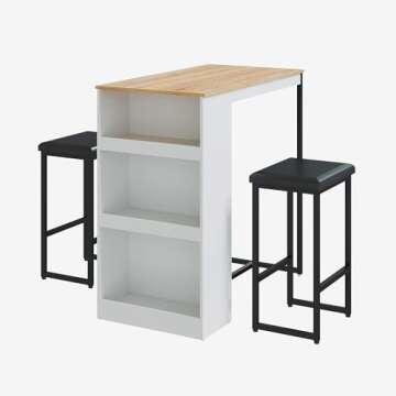 Gyger 3 Piece Dining Table with 3 Storage Shelves，Bar Table and Small Kitchen Table Set for 2，Wooden Counter Height Table Set for Kitchen，Dining Room Island Table,White