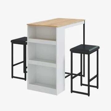 Gyger 3 Piece Dining Table with 3 Storage Shelves，Bar Table and Small Kitchen Table Set for 2，Wooden Counter Height Table Set for Kitchen，Dining Room Island Table,White