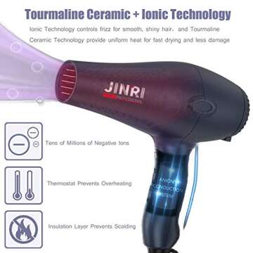 Professional Tourmaline Hair Dryer, Negative Ionic 1875W Blow Dryer with Diffuser and Concentrator, Lightweight Low Noise DC Motor Fast Dry HairDryer